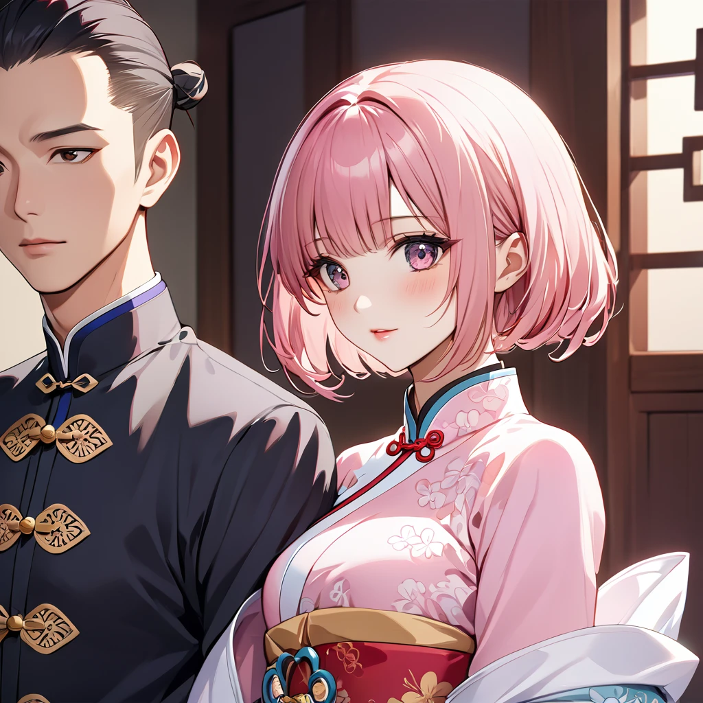 ((Highest quality)), ((masterpiece)), (detailed), (Perfect Face)、The woman is Momo Belia Deviluke, who is married to a Chinese man, and is an ordinary Chinese woman with pink short bob hair and an engagement ring.、The woman is dressed in typical Chinese clothing.