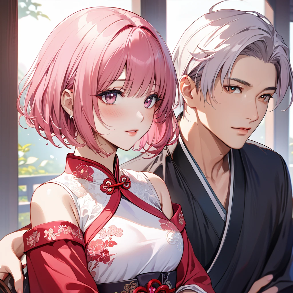 ((Highest quality)), ((masterpiece)), (detailed), (Perfect Face)、The woman is Momo Belia Deviluke, who is married to a Chinese man, and is an ordinary Chinese woman with pink short bob hair and an engagement ring.、The woman is dressed in typical Chinese clothing.