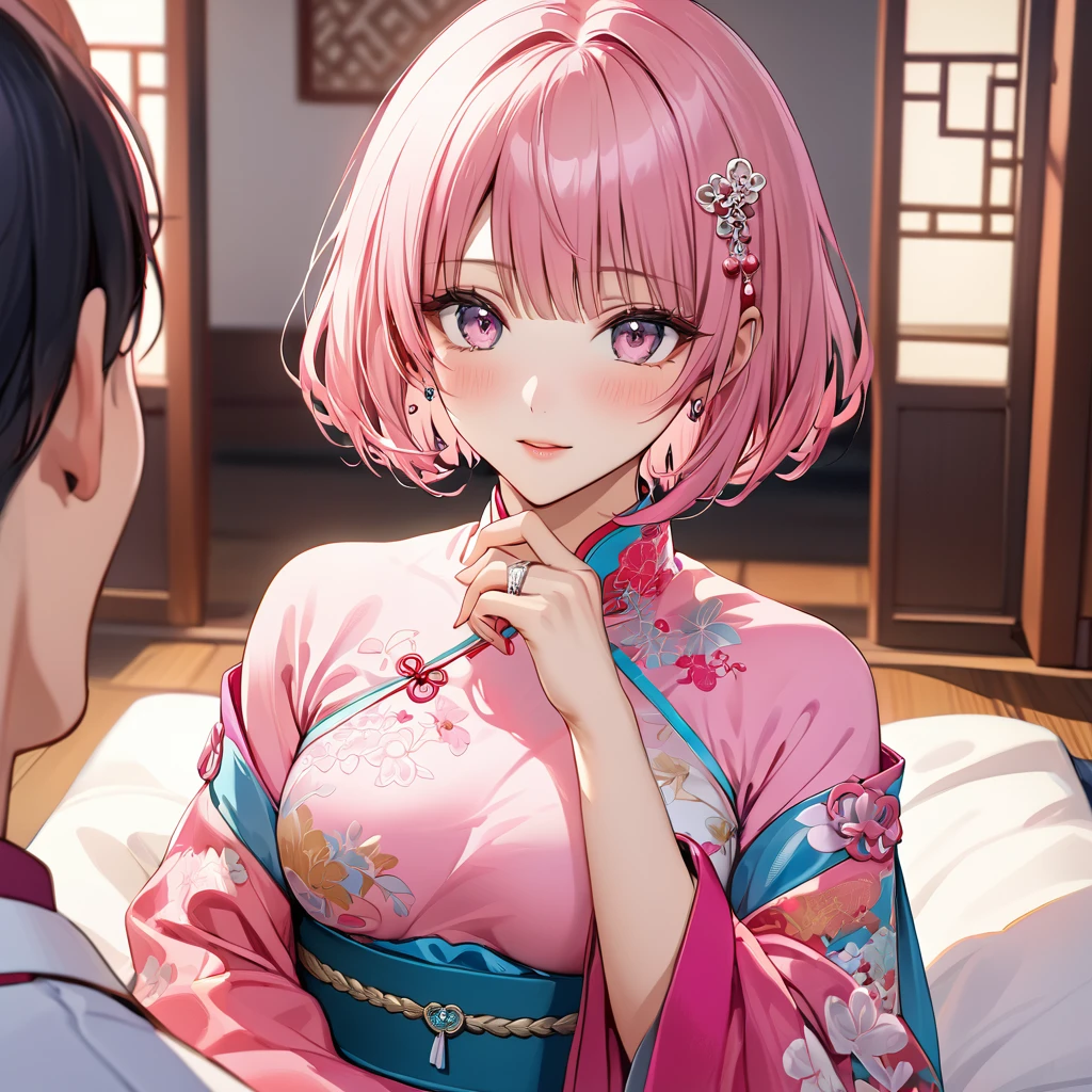 ((Highest quality)), ((masterpiece)), (detailed), (Perfect Face)、The woman is Momo Belia Deviluke, who is married to a Chinese man, and is an ordinary Chinese woman with pink short bob hair and an engagement ring.、The woman is dressed in typical Chinese clothing.