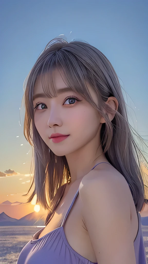 1 girl, masterpiece, Very detailed, (Beautiful and delicate shine), Lens flare, Gray Hair, Medium Long Hair, Floating Hair, think return, return, return, smile, blue eyes, Big Breasts, Upper Body, Wide Shot , ((Uyuni salt lake)), sunrise, cloud, returnlight, Purple Sky, Yellow Sky, Gradient Sky,Huge breasts,Looking at the audience,Detailed eyes,Detailed eyelashes
