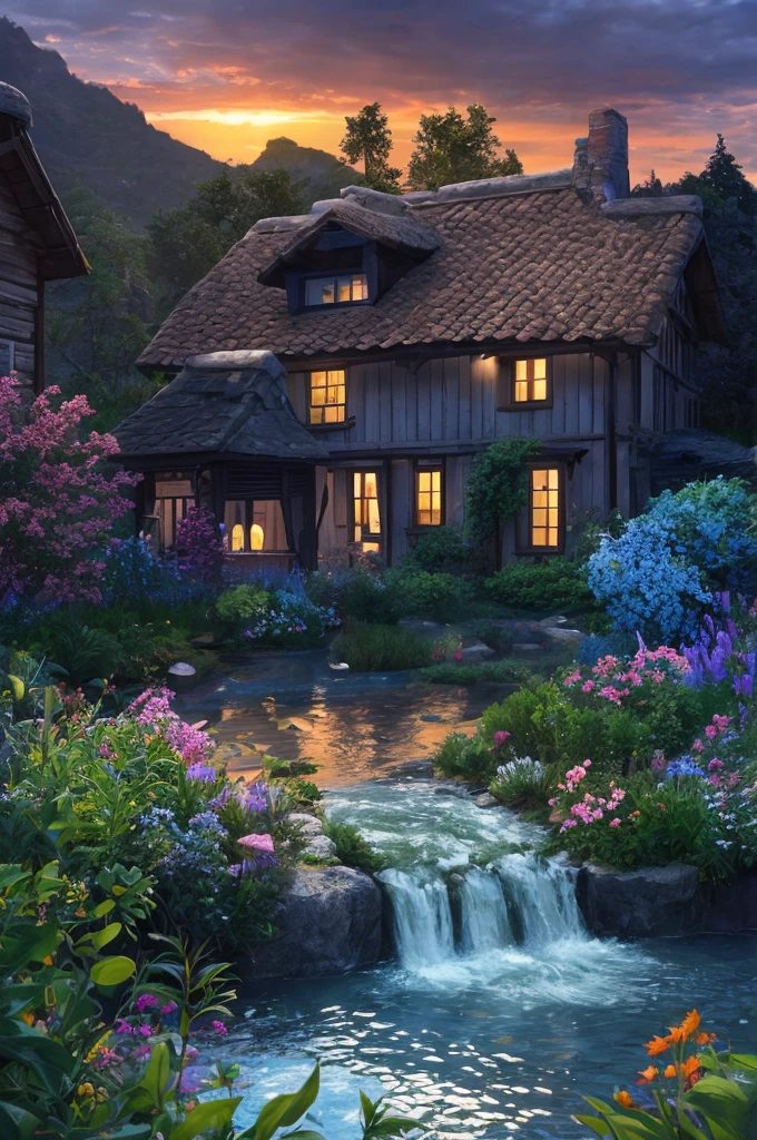 Fantasy art, Dream Cottage, Water flow, Colorful flowers, Pebble, Bush, Sunset.
Highest quality, masterpiece, High resolution, Very detailed, Sharp focus, Cinema Lighting, Vibrant colors,