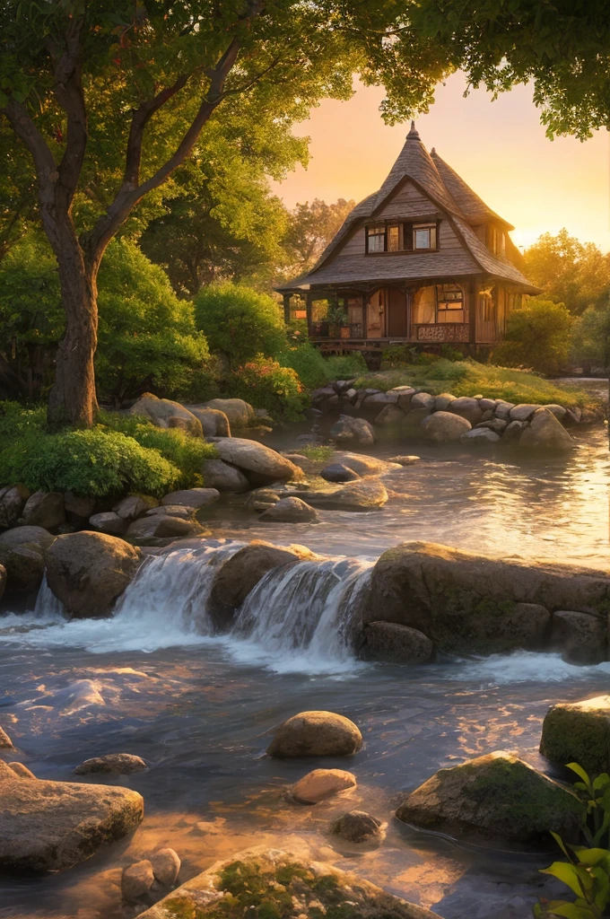 Fantasy art, Dream Cottage, Water flow, Colorful flowers, Pebble, Bush, Sunset.
Highest quality, masterpiece, High resolution, Very detailed, Sharp focus, Cinema Lighting, Vibrant colors,