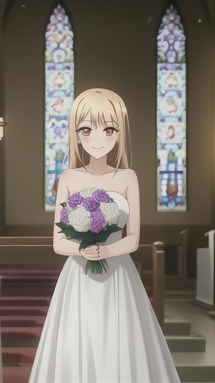 marin, 1girl, solo, blonde_hair, red_eyes, closed_mouth, multicolored_hair, pink_eyes, standing, church, wedding_dress, white_dress, holding_flowers, smile