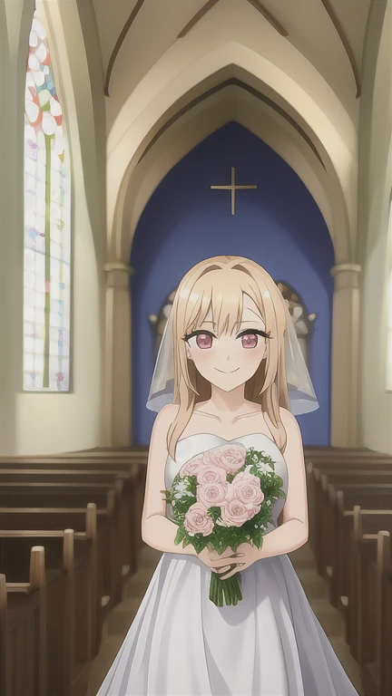 marin, 1girl, solo, blonde_hair, red_eyes, closed_mouth, multicolored_hair, pink_eyes, standing, church, wedding_dress, white_dress, holding_flowers, smile