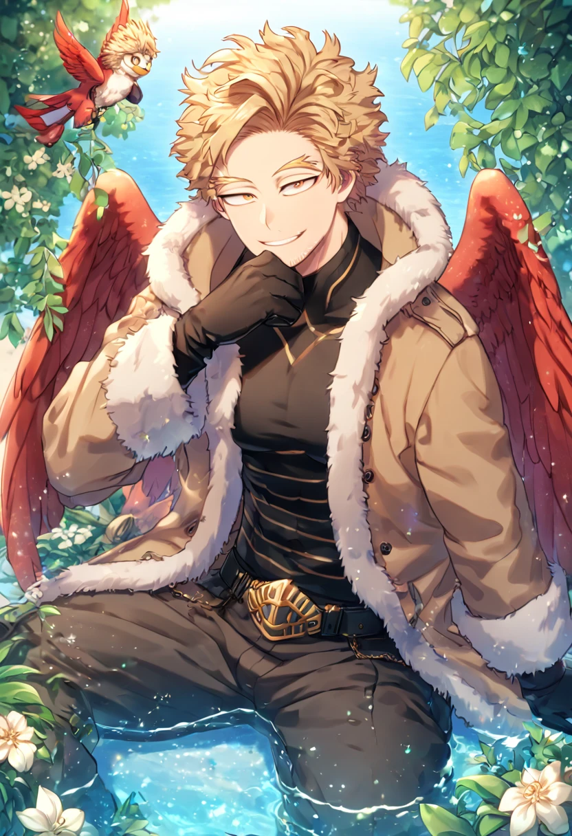 Ultra detailed, HDR, Highres, absurdres, master piece, Hawks, ash blonde hair, expressive golden-brown eyes, faint stubble, red wings, brown coat with fur, black tight shirt, black belt, brown pants, black gloves, Boku No Hero Academia, sexy man sitting, handsome, flowers, feathers, fantasy, magical, green leaves, summer, handsome, sensual, best quality, glittering, solo, manly man, handsome smile, horny, water
