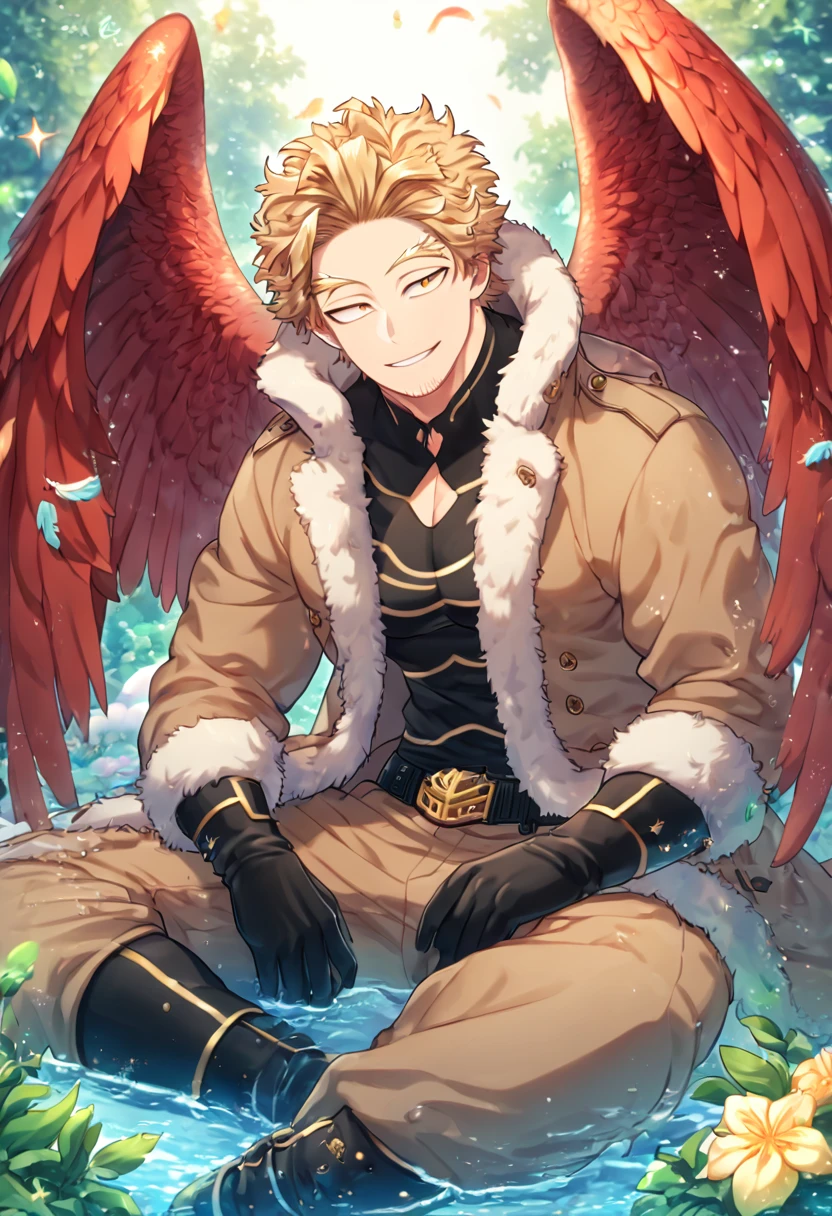 Ultra detailed, HDR, Highres, absurdres, master piece, Hawks, ash blonde hair, expressive golden-brown eyes, faint stubble, red wings, brown coat with fur, black tight shirt, black belt, brown pants, black gloves, Boku No Hero Academia, sexy man sitting, handsome, flowers, feathers, fantasy, magical, green leaves, summer, handsome, sensual, best quality, glittering, solo, manly man, handsome smile, horny, water