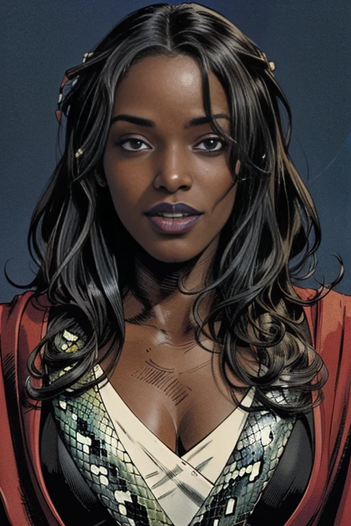 (((comely, high qualiy, perfects eyes, comic-book style, semi-realistic, face detailed))), High aboveper body, punctuation_9, punctuation_8_High above, punctuation_7_High above, | ((colored sclera, black sclera, slit pHigh aboveils, scales)), 1 girl, (((sn4k3h41r, snake hair))), lots ((darkskin, darkskin)), great smile, Full of happiness, looks so happy, green iris eyes, wide, bold lips, wear red and blue wizard robes, | (Fantasy Background, nblurry background), digitalpainting, volumetric lighting, FácilNegative, JIM EIDOMODE,