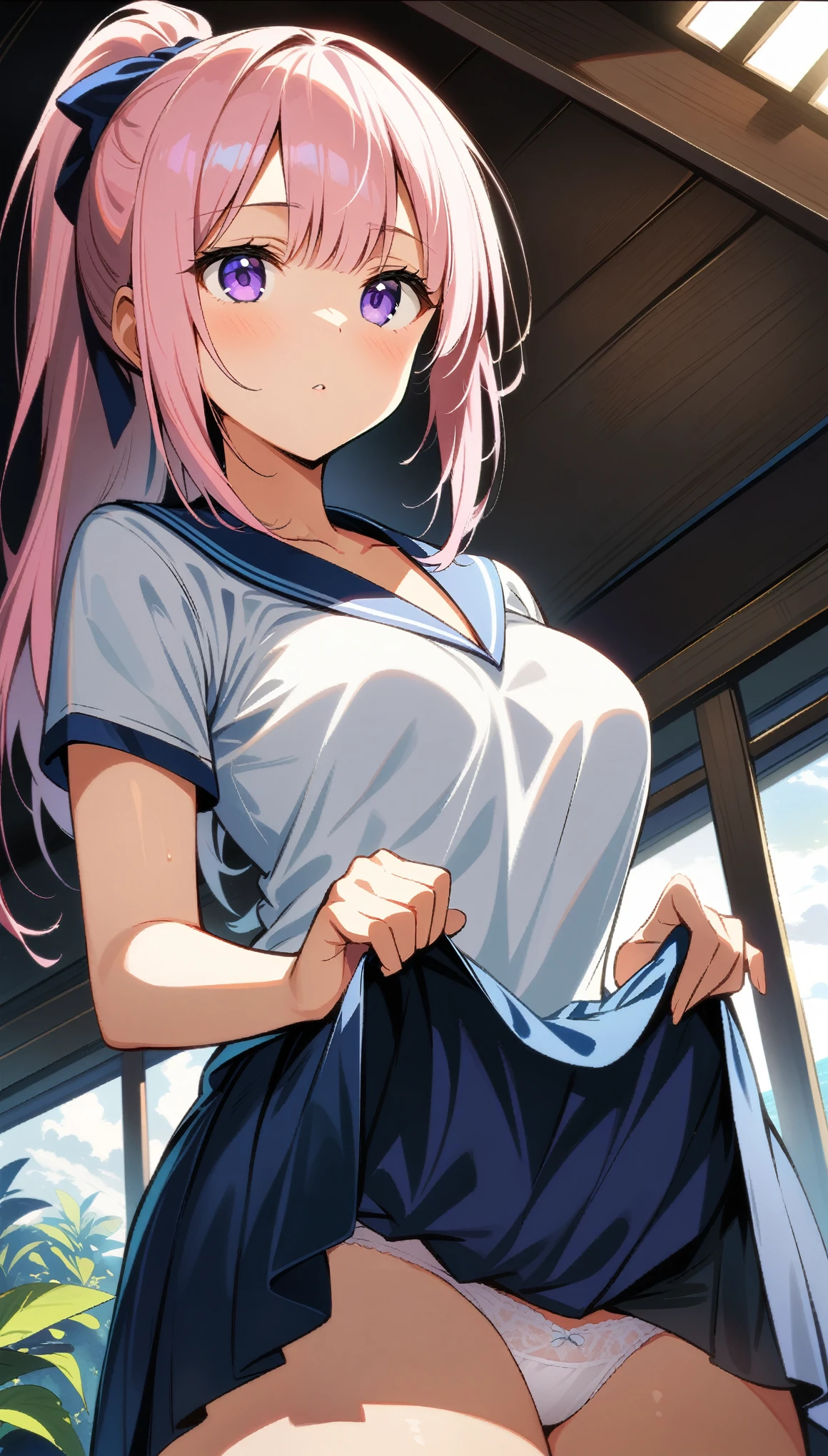 2 girls, twin, Are stand, medium Hair, long hair, ponytail, pink hair, purple eyes, cute white underwear, cute white dress, 恥ずかしい, (cowboy shot), (((showing underwear))), (((((skirt lift by myself))))), ((from front)), ((from below)), ((32K)), ((best quality)), ((ultra high res)), ((HDR)), ((uhd)), ((extremely detailed CG)), ((unity 32K wallpaper)), ((perfect anatomy)),