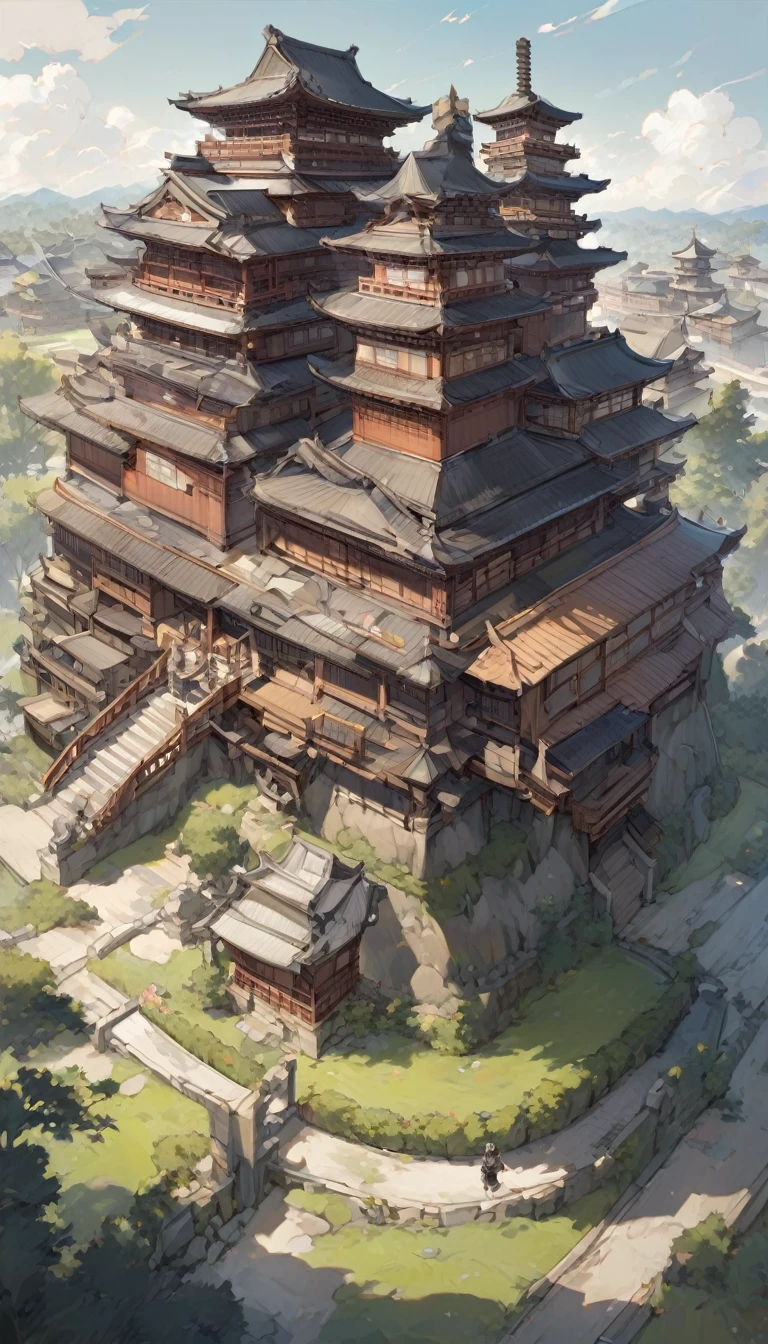 "Detailed depiction of Sawayama Castle, known as 'Little Kyoto,' with traditional Japanese architecture and gardens."