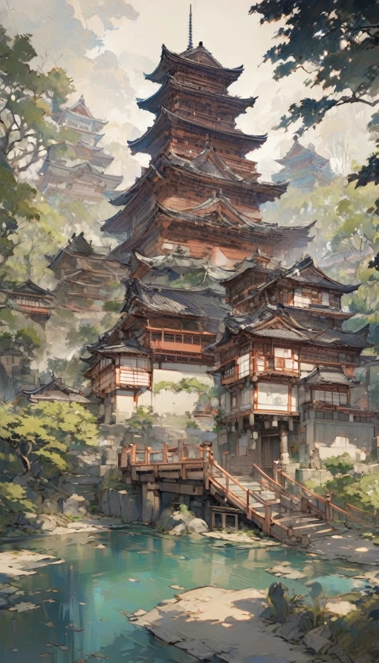 "Detailed depiction of Sawayama Castle, known as 'Little Kyoto,' with traditional Japanese architecture and gardens."