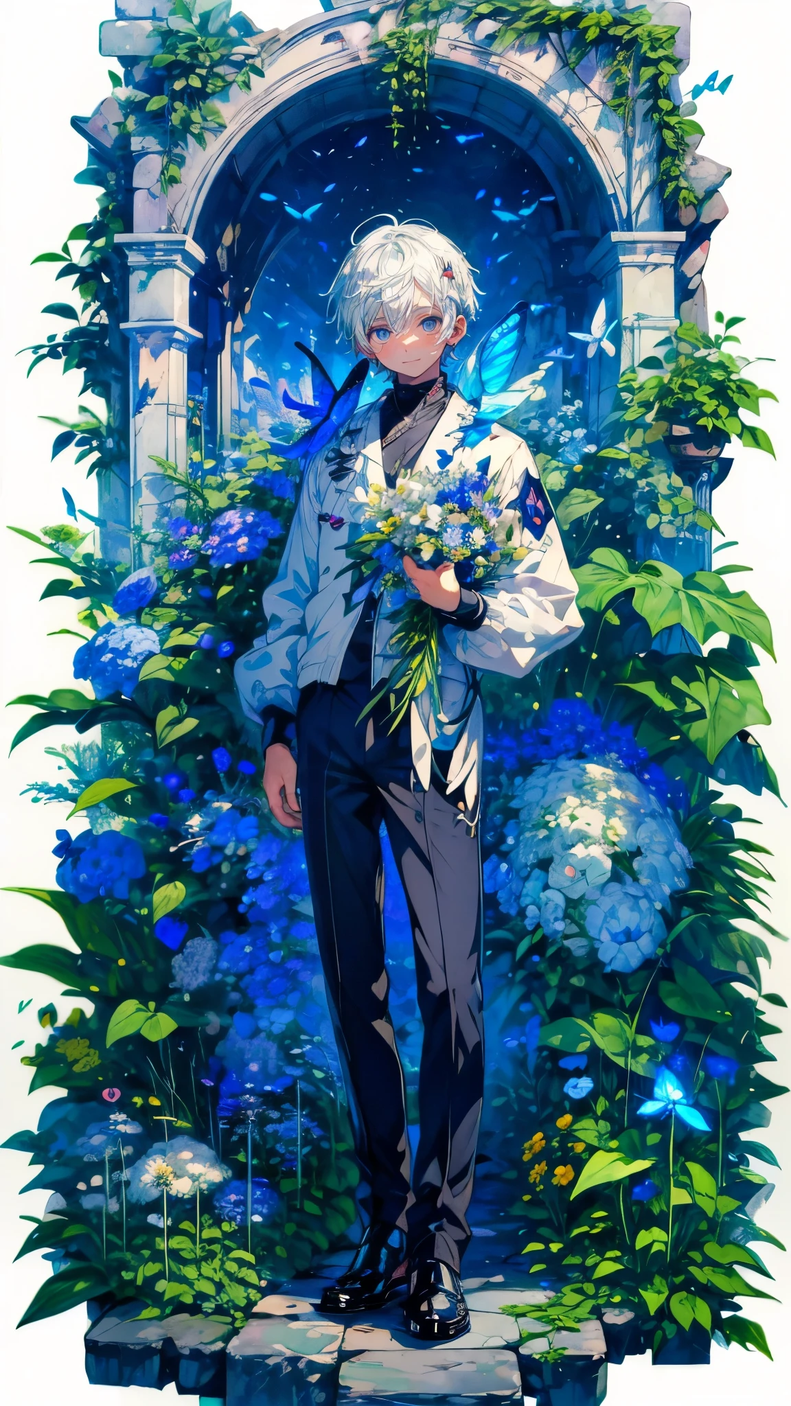 (Mastepiece), (Best Quality), Very detailed, (1 boy:1.5), (Full body solo shot:1.4), Perfect Face, Beautiful Boy, Very detailedな顔,(White Hair Short Hair:1.5),(Blue eyes:1.4),(pants:1.4)、(Lots of butterflies々:1.4)、bird、(ruins、Plants、flower:1.4)、Fairy、mysterious、Fantasy、beautiful、beautiful、(Close your eyes and laugh:1.3)、(Happy Face:1.4)、A big smile