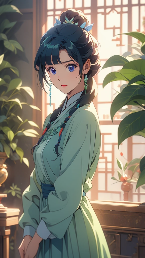 1 Solo Woman, Overview, (Gorgeous and Elegant Dress), Mature Female, /(Beige Hair/) Bangs, (Slight Smile: 0.8), (Masterpiece of Best Quality: 1.2) Fine Illustration with Super Detail, Breasts BREAK (Red Butterfly), (Realistic Blue Butterfly: 1.1), (Glowing Wings: 1.1) BREAK (Elegant Greenhouse) Indoor, Plants, (Soft Lighting) Afternoon, Detailed Background,maomao,1girl,blunt bangs,green hair,long hair,blue eyes,solo,