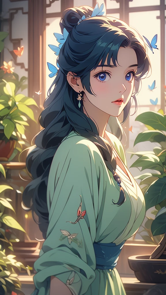 1 Solo Woman, Overview, (Gorgeous and Elegant Dress), Mature Female, /(Beige Hair/) Bangs, (Slight Smile: 0.8), (Masterpiece of Best Quality: 1.2) Fine Illustration with Super Detail, Breasts BREAK (Red Butterfly), (Realistic Blue Butterfly: 1.1), (Glowing Wings: 1.1) BREAK (Elegant Greenhouse) Indoor, Plants, (Soft Lighting) Afternoon, Detailed Background,maomao,1girl,blunt bangs,green hair,long hair,blue eyes,solo,