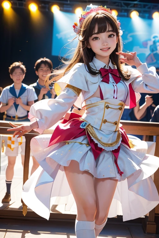 (Highest quality、 8k 、masterpiece、High resolution)、Full Body Shot、15 year old girl、Idol、Cute smile、Pretty lips、Adorable eyes、Dancing with a smile、Outdoor Stage、AKB48 Costumes、Realistic、Realistic、Official Art、Detailed CG、Professional Lighting、Professional photographer、