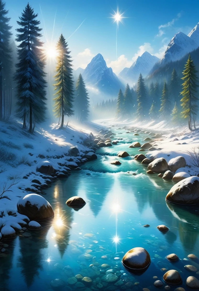 Deep Mountain々In the quiet forest surrounded by、The cold, clear water flows over the rocks、The river water is crystal clear、Sunlight on the trees々It leaks out from between、It creates a sparkling reflection on the river surface.。