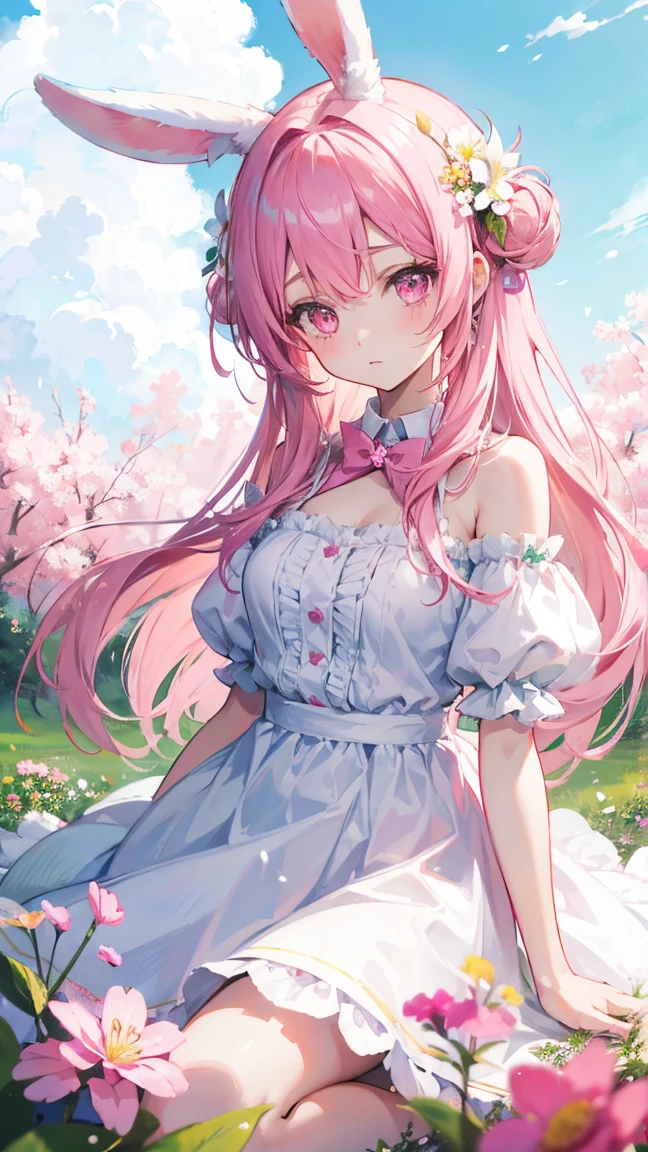 Highest quality, pretty girl, pastel colour, Fluffy bunny ears,Pink Hair,Pale pink eyes,Flower Field