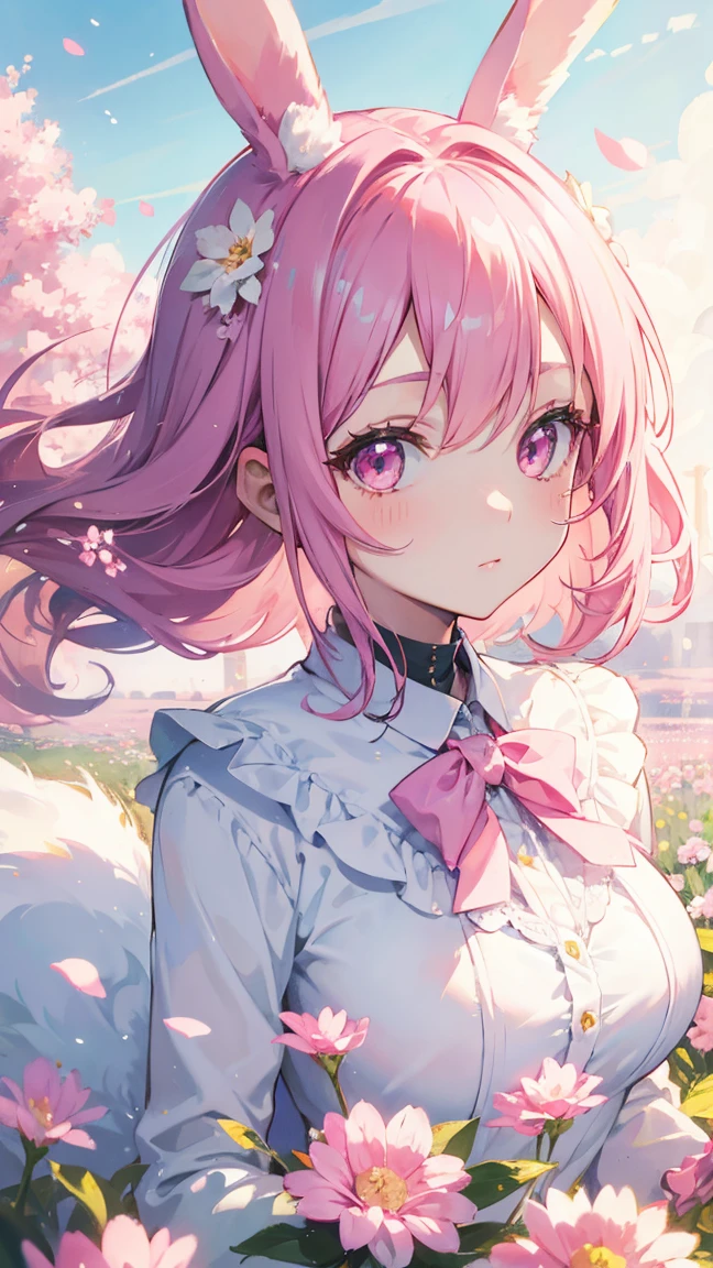 Highest quality, pretty girl, pastel colour, Fluffy bunny ears,Pink Hair,Pale pink eyes,Flower Field