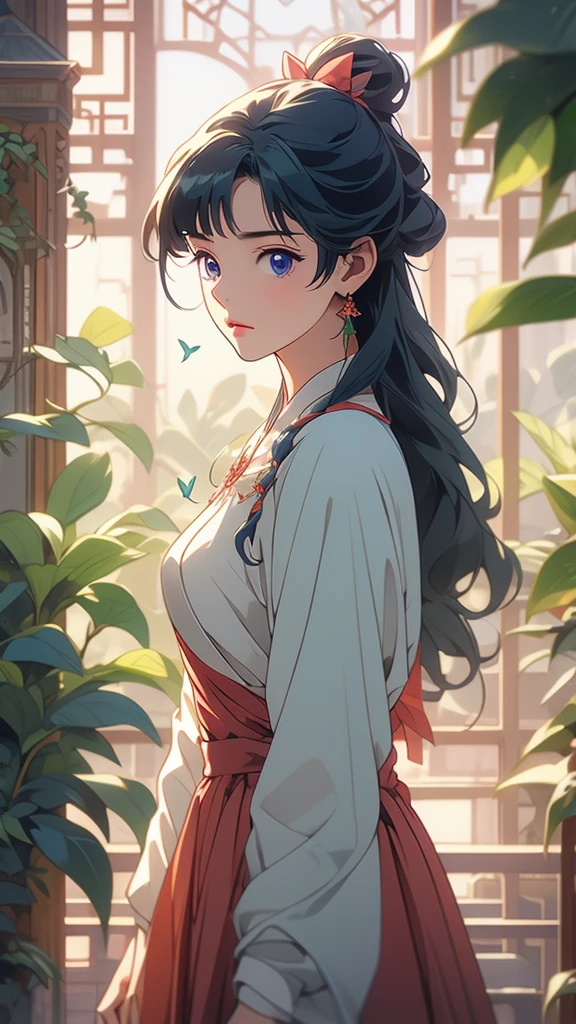 1 Solo Woman, Overview, (Gorgeous and Elegant red Dress), Mature Female, /(Beige Hair/) Bangs, (Slight Smile: 0.8), (Masterpiece of Best Quality: 1.2) Fine Illustration with Super Detail, Breasts BREAK (Red Butterfly), (Realistic Blue Butterfly: 1.1), (Glowing Wings: 1.1) BREAK (Elegant Greenhouse) Indoor, Plants, (Soft Lighting) Afternoon, Detailed Background,maomao,1girl,blunt bangs,green hair,long hair,blue eyes,solo,