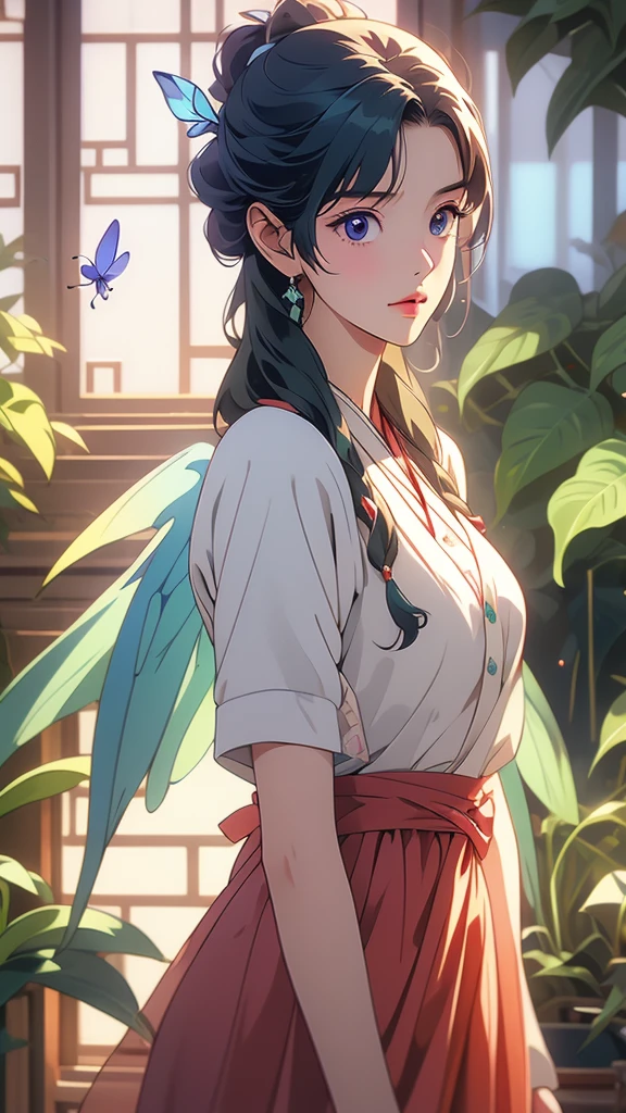 1 Solo Woman, Overview, (Gorgeous and Elegant red Dress), Mature Female, /(Beige Hair/) Bangs, (Slight Smile: 0.8), (Masterpiece of Best Quality: 1.2) Fine Illustration with Super Detail, Breasts BREAK (Red Butterfly), (Realistic Blue Butterfly: 1.1), (Glowing Wings: 1.1) BREAK (Elegant Greenhouse) Indoor, Plants, (Soft Lighting) Afternoon, Detailed Background,maomao,1girl,blunt bangs,green hair,long hair,blue eyes,solo,