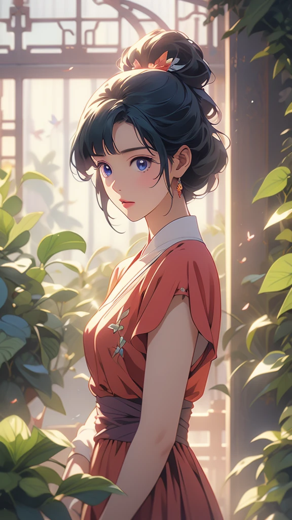 1 Solo Woman, Overview, (Gorgeous and Elegant red Dress), Mature Female, /(Beige Hair/) Bangs, (Slight Smile: 0.8), (Masterpiece of Best Quality: 1.2) Fine Illustration with Super Detail, Breasts BREAK (Red Butterfly), (Realistic Blue Butterfly: 1.1), (Glowing Wings: 1.1) BREAK (Elegant Greenhouse) Indoor, Plants, (Soft Lighting) Afternoon, Detailed Background,maomao,1girl,blunt bangs,green hair,long hair,blue eyes,solo,