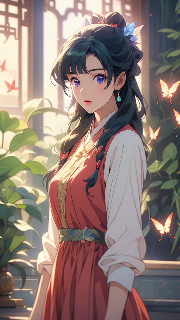 1 Solo Woman, Overview, (Gorgeous and Elegant red Dress), Mature Female, /(Beige Hair/) Bangs, (Slight Smile: 0.8), (Masterpiece of Best Quality: 1.2) Fine Illustration with Super Detail, Breasts BREAK (Red Butterfly), (Realistic Blue Butterfly: 1.1), (Glowing Wings: 1.1) BREAK (Elegant Greenhouse) Indoor, Plants, (Soft Lighting) Afternoon, Detailed Background,maomao,1girl,blunt bangs,green hair,long hair,blue eyes,solo,