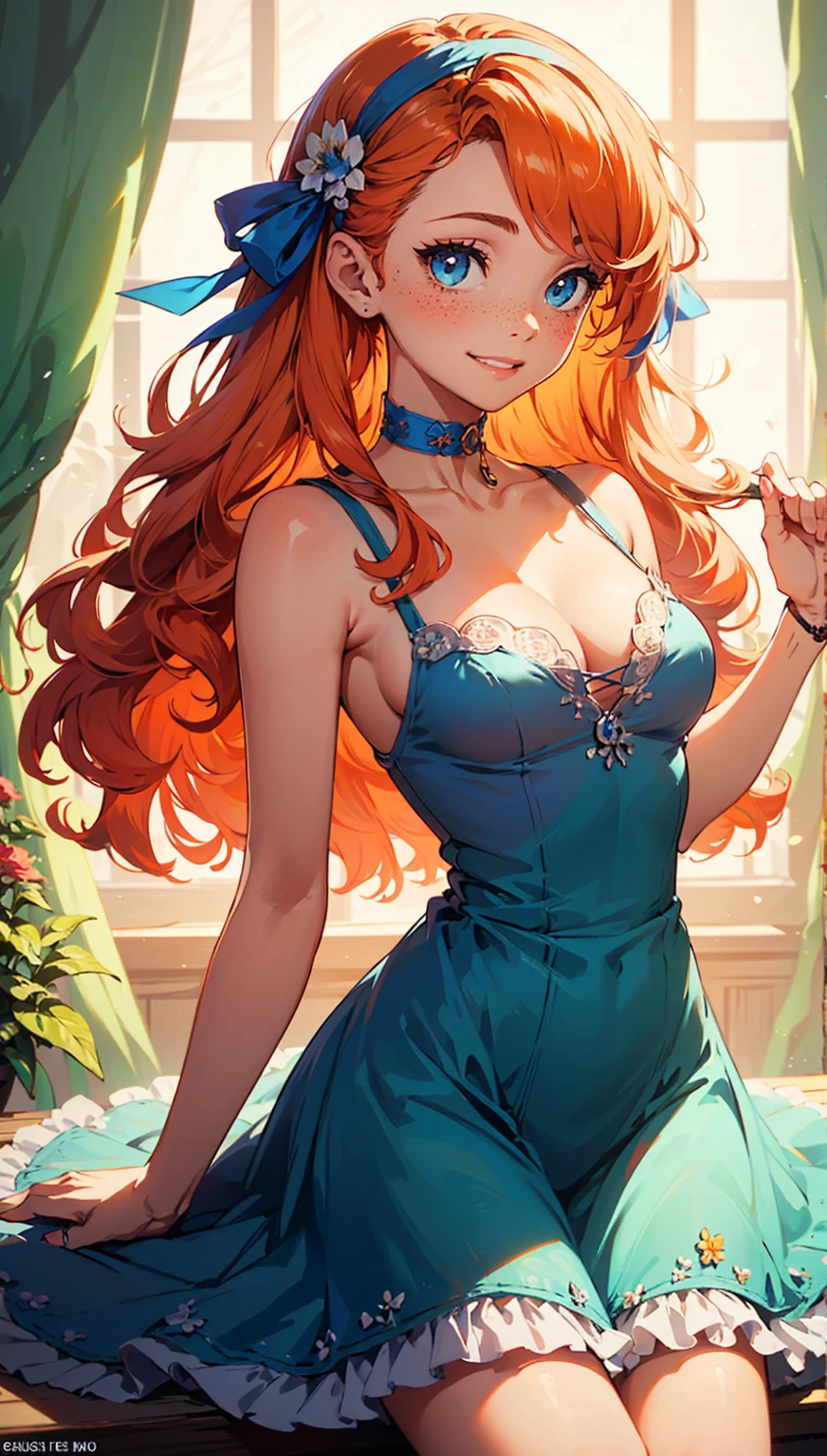 (masterpiece, high resolution,ultra - detailed:1.0),1 girl,Young and beautiful woman, ((freckles)), blue hair ribbon, eyes looking away from camera, ((grinning)), Perfect female body, (upper body), (flower shop), Extremely detailed CG,Unity 8k wallpaper，Complicated details, solo person, (blue eyes), diamond shaped eyes, long hair length, (orange hair), ((blue sun dress)), (((blue choker))), bare_shoulders, NSFW, diaphanous outfit, exposed breasts, cleavage, (hands behind back), happy, flowers,(rustic shop),Portrait,color difference, Depth of field,dramatic light, Ray tracing, Best quality, Cinematic lighting, official art,