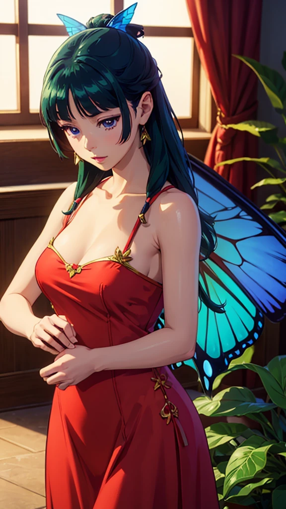 1 Solo Woman, Overview, (Gorgeous and Elegant red Dress), Mature Female, /(Beige Hair/) Bangs, (Slight Smile: 0.8), (Masterpiece of Best Quality: 1.2) Fine Illustration with Super Detail, Breasts BREAK (Red Butterfly), (Realistic Blue Butterfly: 1.1), (Glowing Wings: 1.1) BREAK (Elegant Greenhouse) Indoor, Plants, (Soft Lighting) Afternoon, Detailed Background,maomao,1girl,blunt bangs,green hair,long hair,blue eyes,solo,
