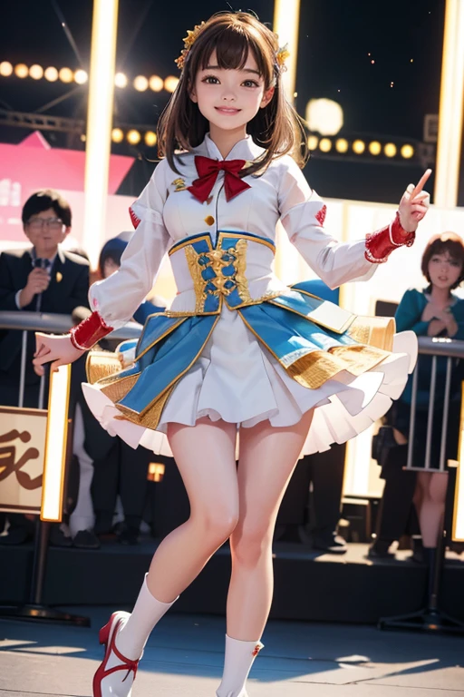 (Highest quality、 8k 、masterpiece、High resolution)、Full Body Shot、 girl、Idol、Cute smile、Pretty lips、Adorable eyes、Dancing with a smile、Outdoor Stage、AKB48 Costumes、Realistic、Realistic、Official Art、Detailed CG、Professional Lighting、Professional photographer、