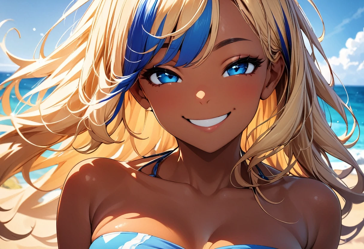 (highest quality:1.2, Very detailed, up to date, Vibrant, Ultra-high resolution, High Contrast, masterpiece:1.2, highest quality, Best aesthetics), Portraiture、girl、slim, Bright colors、bandeau bikini, beach, blue ocean, blue sky, Beautiful fine details、(Beautiful lip detail:1)、long hair, ((wavy hair:0.4))、messy hair, blonde and blue ((streaked hair:1.3)), highlights hair: 1.3, (medium breast:1), (tan skin:1.3), ((smile:2)) , wink:1, (upper body:1.3), close-up face, looking viewer