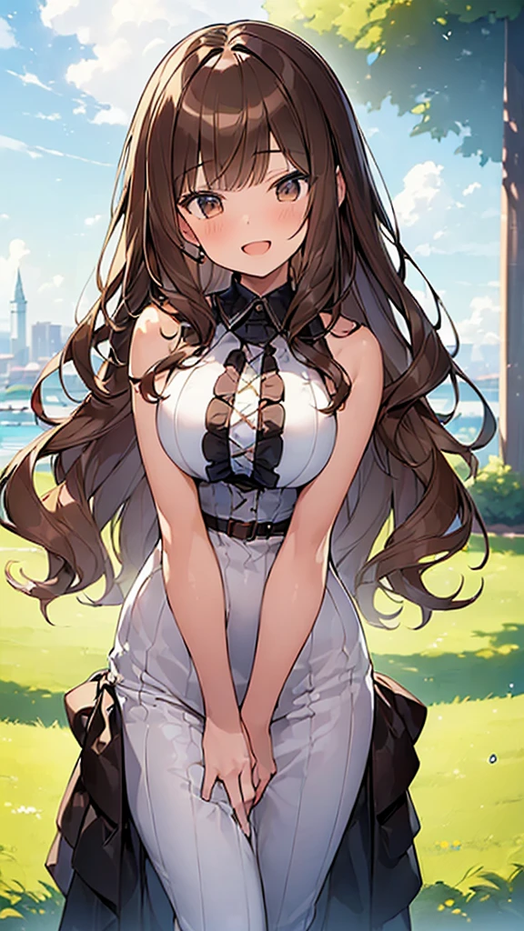 (Masterpiece, Top quality: 1.5), (1 girl, solo :1.2), large breasts:1.2, standard weight, (brown hair:1.4), (airy hair, wavy hair:1.3), long hair ,asymmetry bangs, swept bangs, 12 year old, smile:1.4, flustered:1.1, dynamic pose, magnificent panorama view, happy:1.2, open mouth, summer:1.3