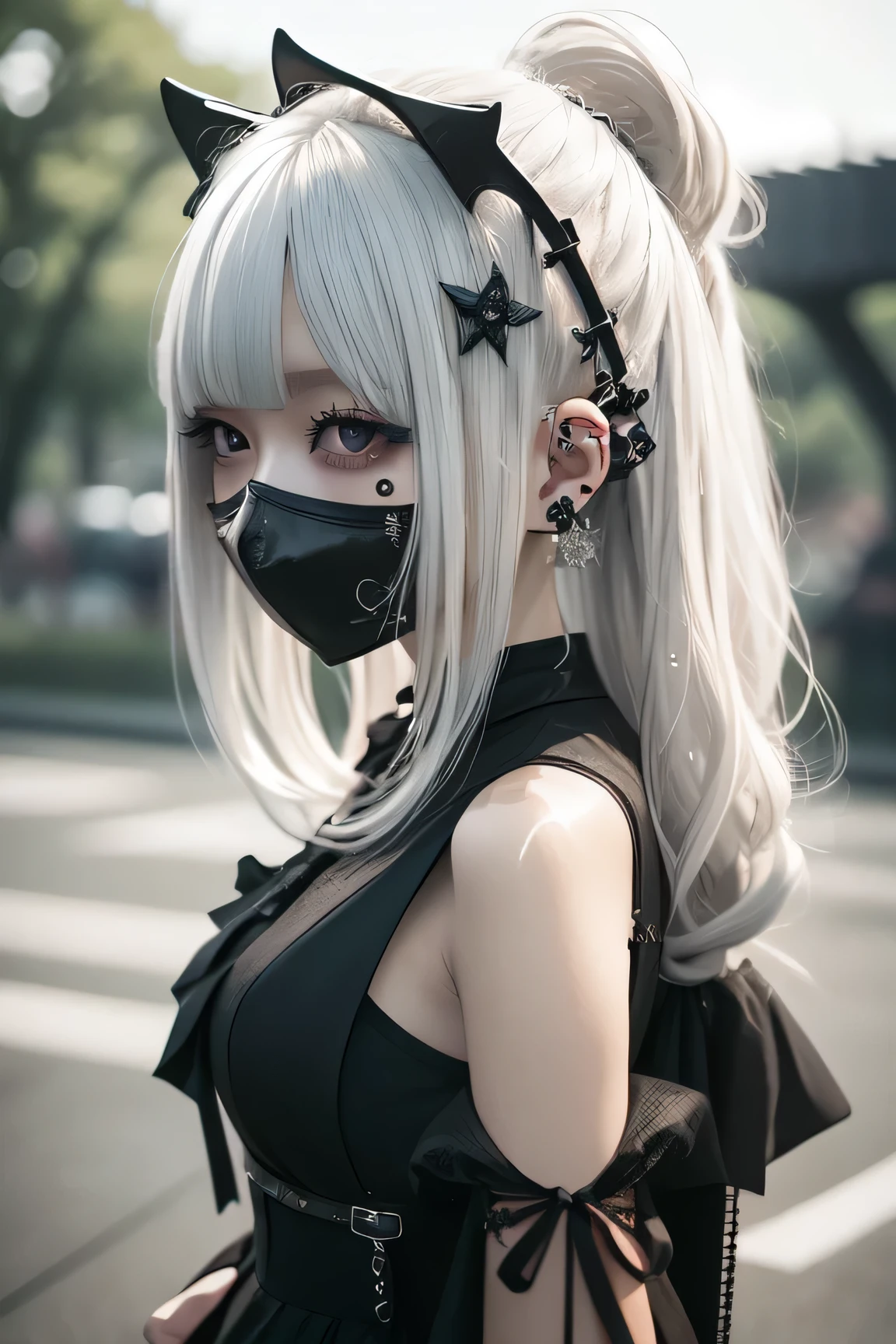 One girl, blonde twin-tail hair, wearing a black gothic dress (shiny fabric, feels wet), lots of metal accessories, maskを付けている、sunny park in the background.