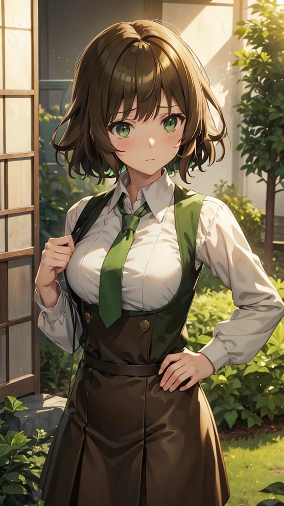 brownhair anime girl with green eyes and brown dress holding a yellow tie, makoto, tatsumaki, makoto shinka, steins;gate, steins ; gate, steins gate, iwakura lain, shinkai makoto, rin, makoto kano, female protagonist 👀 :8, female anime character, romanticism lain, anime moe artstyle