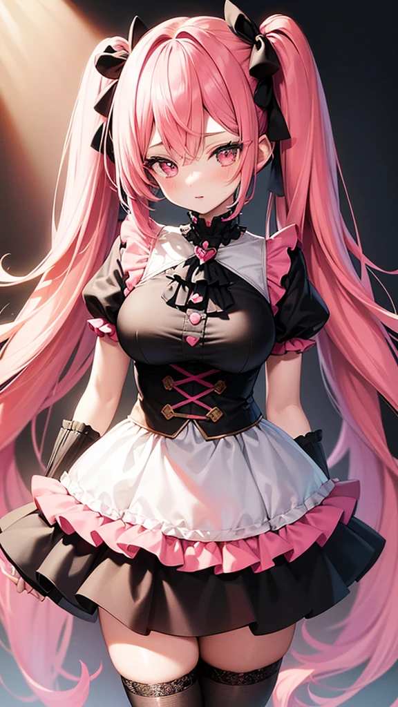 (Highest quality,High resolution,Super detailed,girl)black tights,Pink Hair,Twin tails and short length,Height: 160cm,cute,Big breasts,Pink Eyes,I'm dressed in pink,I&#39;m wearing a pink skirt,Her eyes are white and shining,Has bright white eyes,Has an embarrassed face,Her eyes are hearts,The chest area is very exposed