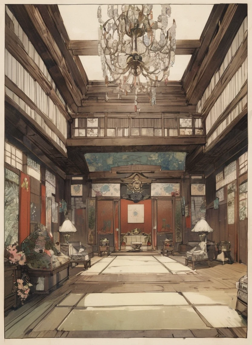 Interior of Sawayama Castle, showing luxurious and opulent decorations, traditional Japanese style, Edo period."