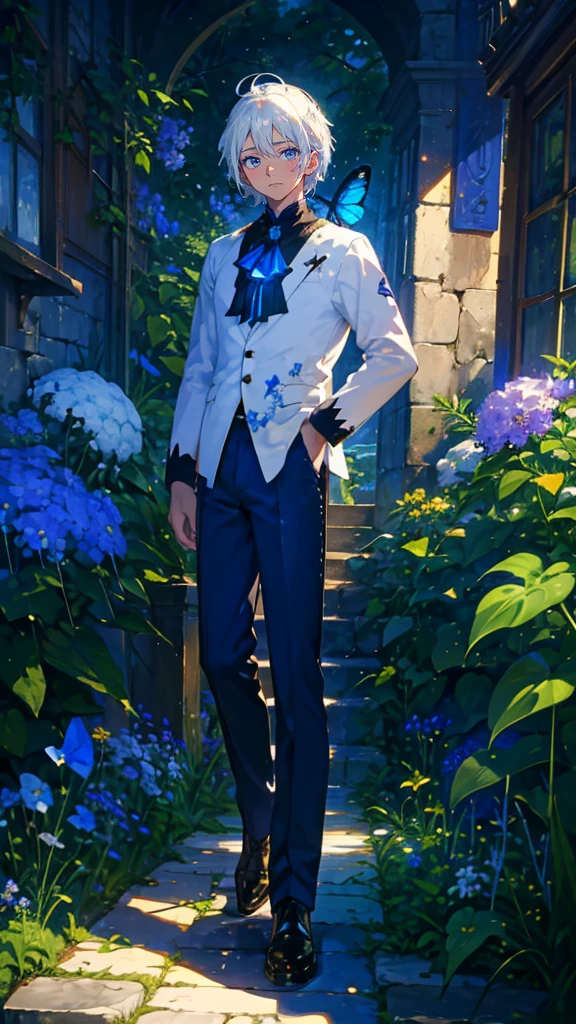 (Mastepiece), (Best Quality), Very detailed, (1 boy:1.5), (Full body solo shot:1.4), Perfect Face, Beautiful Boy, Very detailedな顔,(White Hair Short Hair:1.5),(Blue eyes:1.4),(Half pants:1.4)、(Lots of butterflies々:1.4)、bird、(ruins、Plants、flower:1.4)、Fairy、mysterious、Fantasy、beautiful、beautiful、(Close your eyes and laugh:1.3)、(Happy Face:1.4)、A big smile
