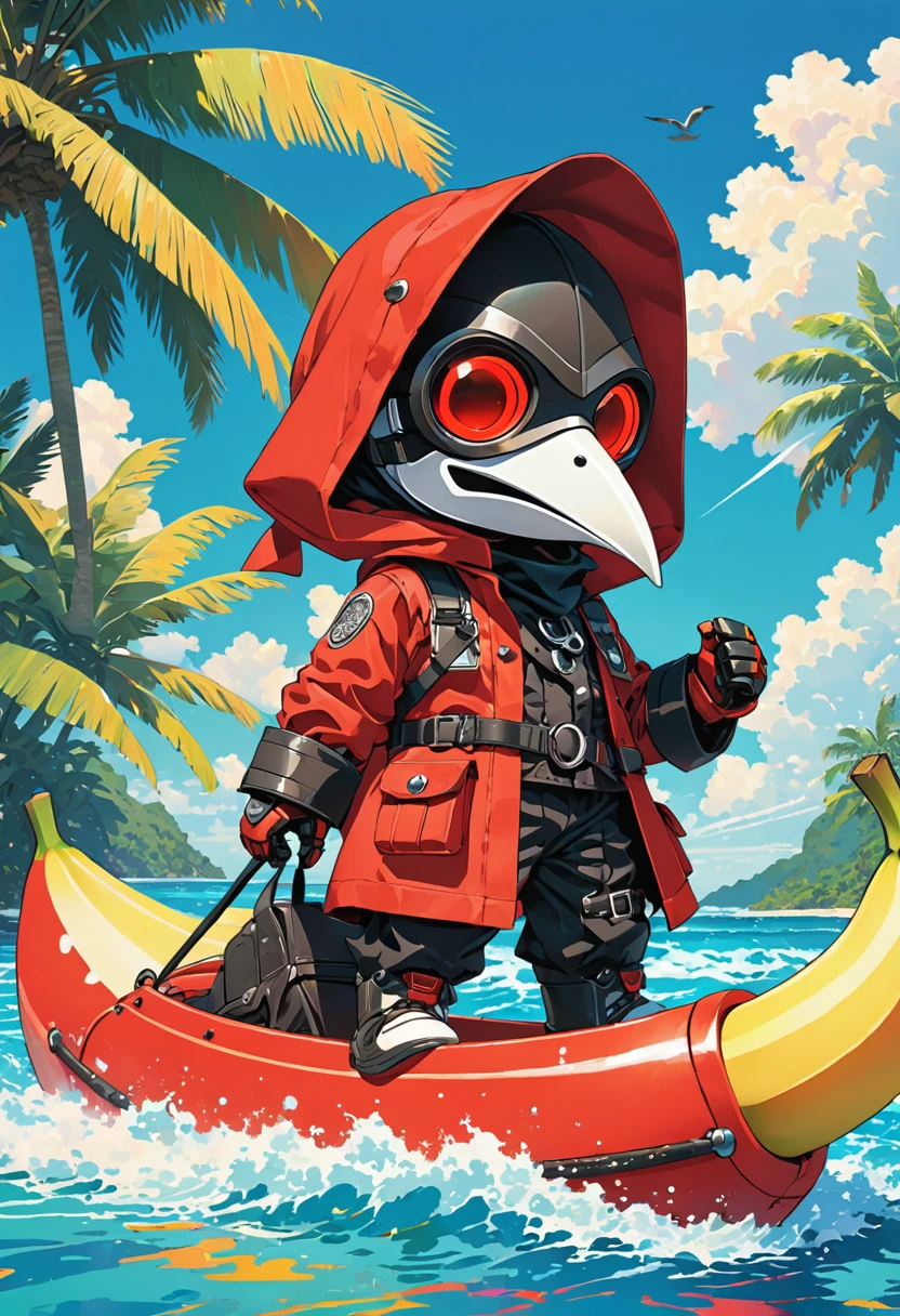 (masterpiece, best quality:1.1), (ultra highres, ultra-detailed:1.2),pop-art style,flatcolor, ((riding banana boat)),(in tropical sea,bluesky), BREAK chibi-boy,(male Mad-scientist),(wearing plague-doctor costume,white beak-mask),posing,eyes glow red,black hood,black life-vest, mecha arm,