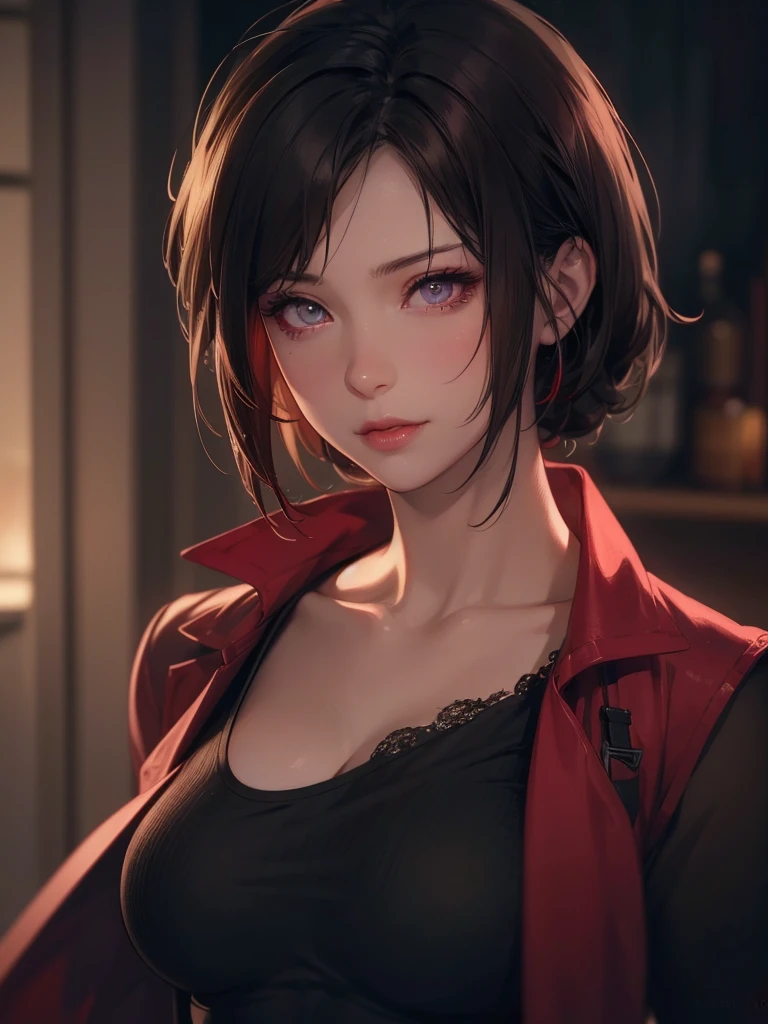 A beautiful, happy bust portrait of Ada Wong from Resident Evil, extremely detailed facial features, beautiful eyes and lips, cinematic lighting, hyper realistic, 8K, photorealistic