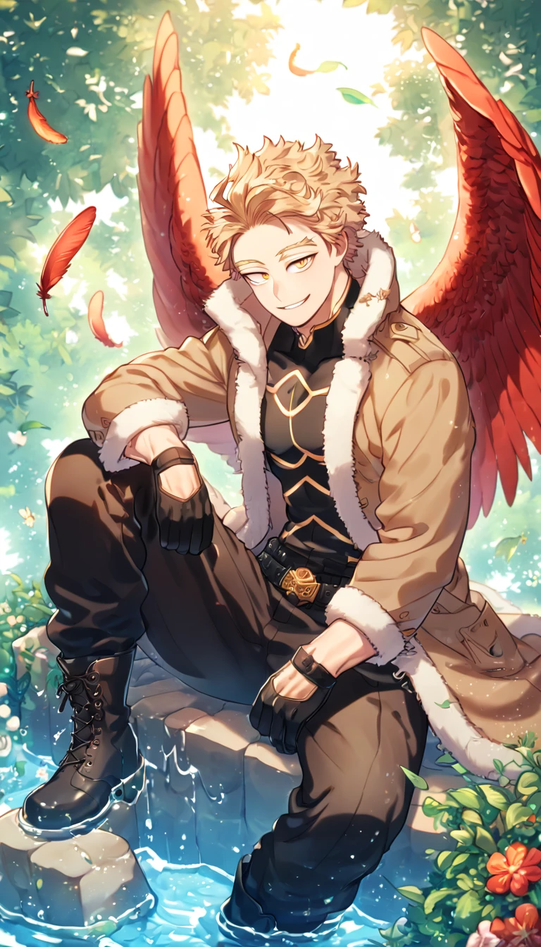 Ultra detailed, HDR, Highres, absurdres, master piece, Hawks, ash blonde hair, expressive golden-brown eyes, faint stubble, red wings, brown coat with fur, black tight shirt, black belt, brown pants, black gloves, Boku No Hero Academia, sexy man sitting, handsome, flowers, feathers, fantasy, magical, green leaves, summer, handsome, sensual, best quality, glittering, solo, manly man, handsome smile, horny, water