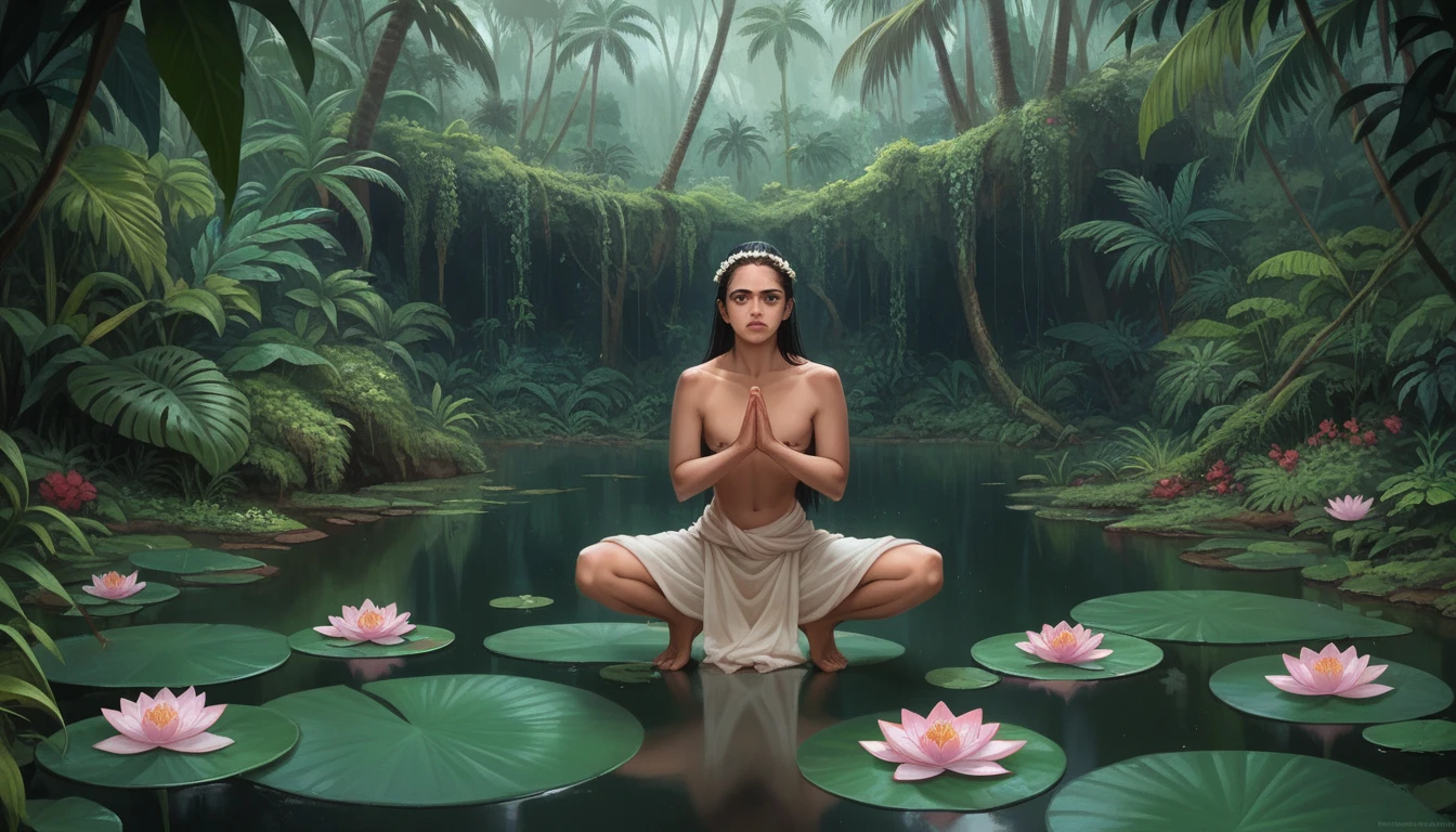 An wide show of Lord Shiva levitating low in a meditation pose with his eyes shut and a tear of bliss. Tropical rainfall, lush flowery jungle and a pond with lotus flowers in the background. A sunbeam shines upon Shiva.