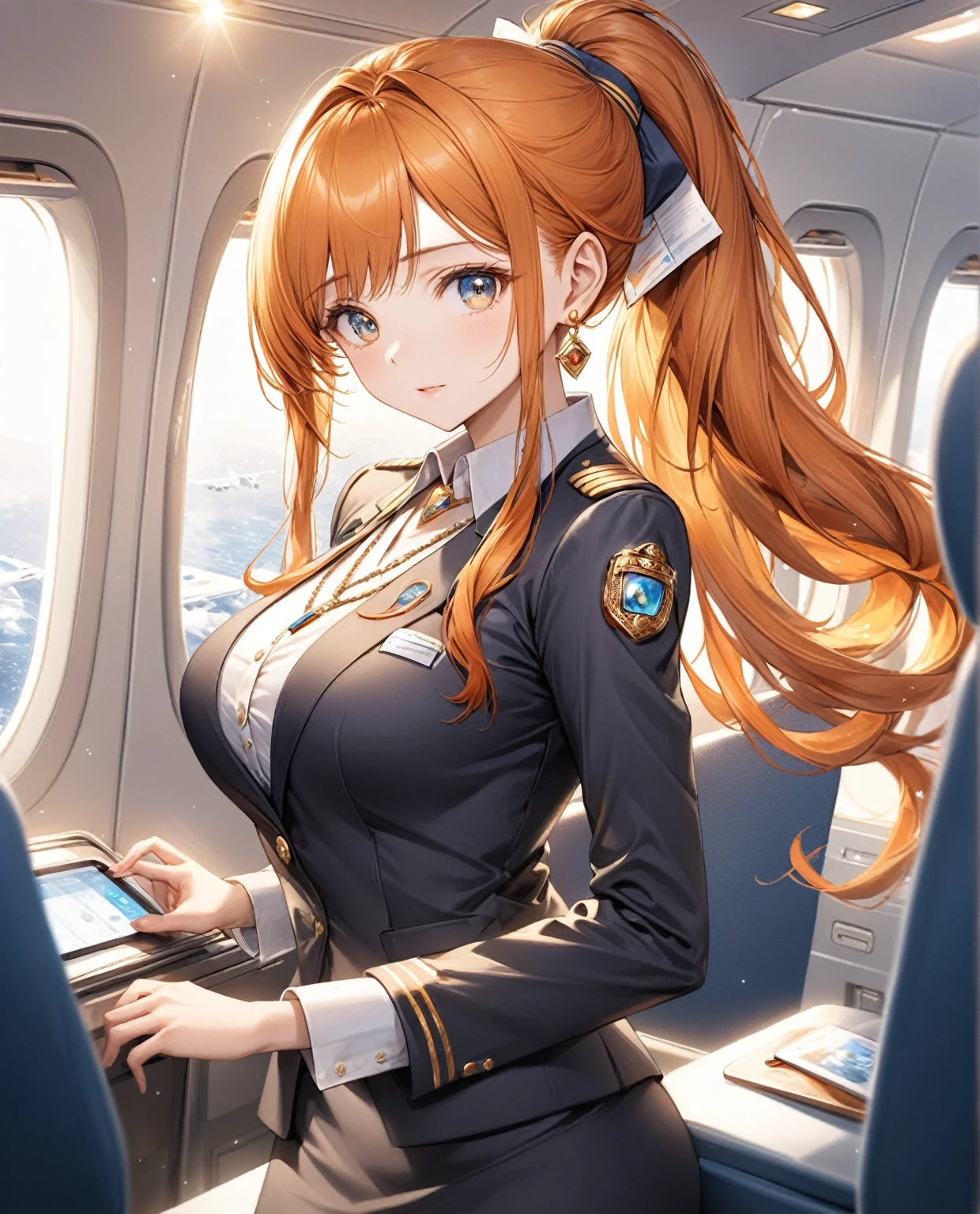 (Highest quality,8k,32K,masterpiece,Ultra-high resolution :1.2 ),born,One girl,Super cute,Natural light,Clear, shining eyes,20-year-old,Fair skin,Fantasy background of the electronic world inside the plane,The noble earrings are shining,The noble necklace shines,Orange Hair,Long Hair,ponytail,Cabin attendant,stewardess,Large Breasts