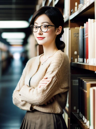(8k, RAW photo, best quality, masterpiece), (photo realistic), outstanding details, ultra-high resolution, anatomically correct, textured skin, ((Extremely precise and accurate anatomy)),
A cute 28-year-old Japanese woman, librarian calling books in the library,
(fearless smile:0.1),
(Downturned Eyes), (kind eyes:1.2) , kind Gaze,
(low chignon:1.4), (Rimless round glasses),
(light makeup) ,
looking at viewer,
pupils sparkling, thin lips, Mouth slightly open,
dark brown hair, Forehead,
white simple summer sweater, simple cotton Light brown flared skirt,
Earrings, Necklace,
Full Shot, whole body, (height: 148cm), High heels Has two legs,Has two arms、Has two legs, You need two arms,
(background Spacious library interior, bookshelves),
(backlighting),
reflection light from below,
atmospheric perspective, depth of field,
(dramatic lighting), cinematic lighting,