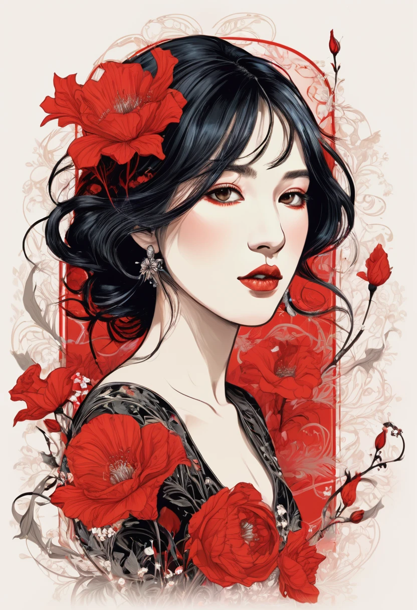 (masterpiece, best quality:1.2), 1 girl, alone,beautiful face,Red Reminimalist Art Nouveau,illustration style,black and red,flowers