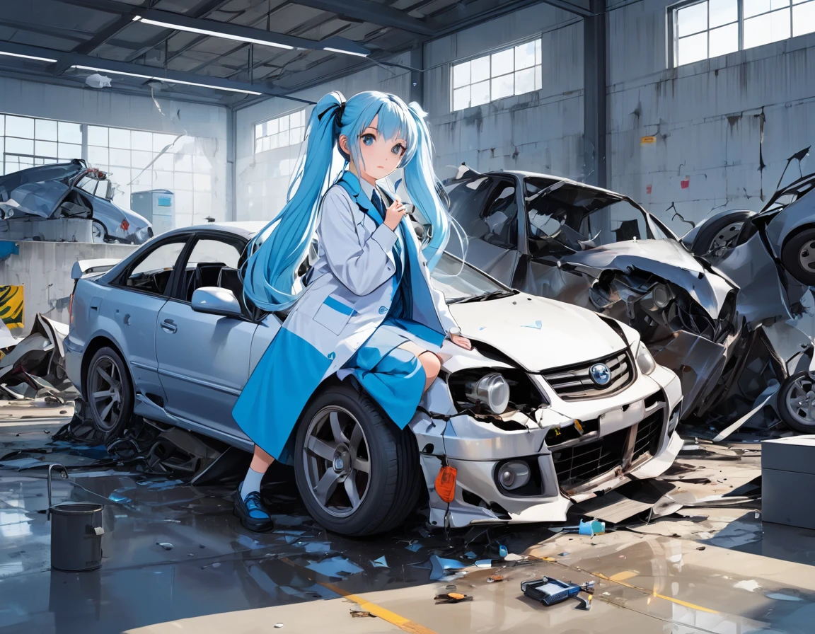 Light blue long hair、Beautiful girl with twin tails、Car crash experiment in lab coat、A laboratory in a large warehouse、Serious face、Car crashed into wall、Measuring a wrecked car with a large measuring device that has damaged the front part