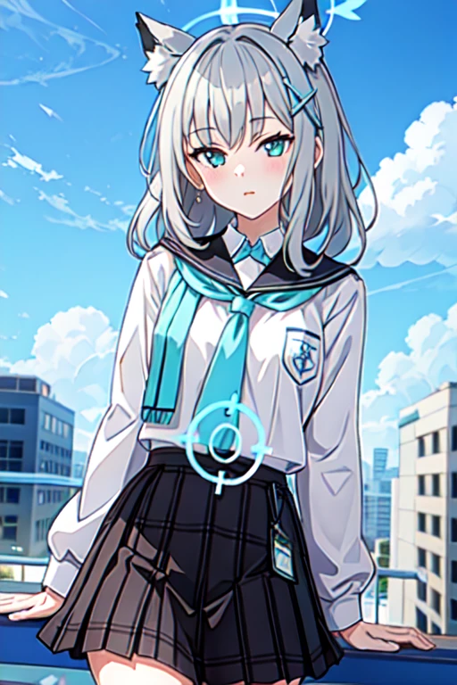 shiroko \(blue archive\), ((Highest quality)), ((masterpiece)), (detailed), Perfect Face, Perfect Arms, anime, Ultra-fine illustration, ((One girl)), , skirt, Animal ears, Halation, blue sky, ((School rooftop)), field, Glowing Skin, reflection, 