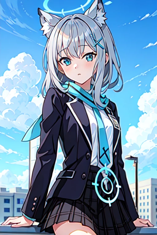 shiroko \(blue archive\), ((Highest quality)), ((masterpiece)), (detailed), Perfect Face, Perfect Arms, anime, Ultra-fine illustration, ((One girl)), , skirt, Animal ears, Halation, blue sky, ((School rooftop)), field, Glowing Skin, reflection, 