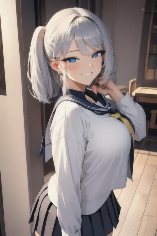 kujikawadef,twintails,,black serafuku,long sleeves,skirt,thighhighs,jewelry,earrings,standing,
best quality, highly detailed, masterpiece, absurdres,8k, photorealistic, realistic,detailed skin texture,detailed pupils,HDR,natural lighting,
1girl,solo,(happy:1.1),(smile:1.2),shorthair,brown hair,(angular face:1.2),shiny face,large breasts, narrow waist, lip makeup,