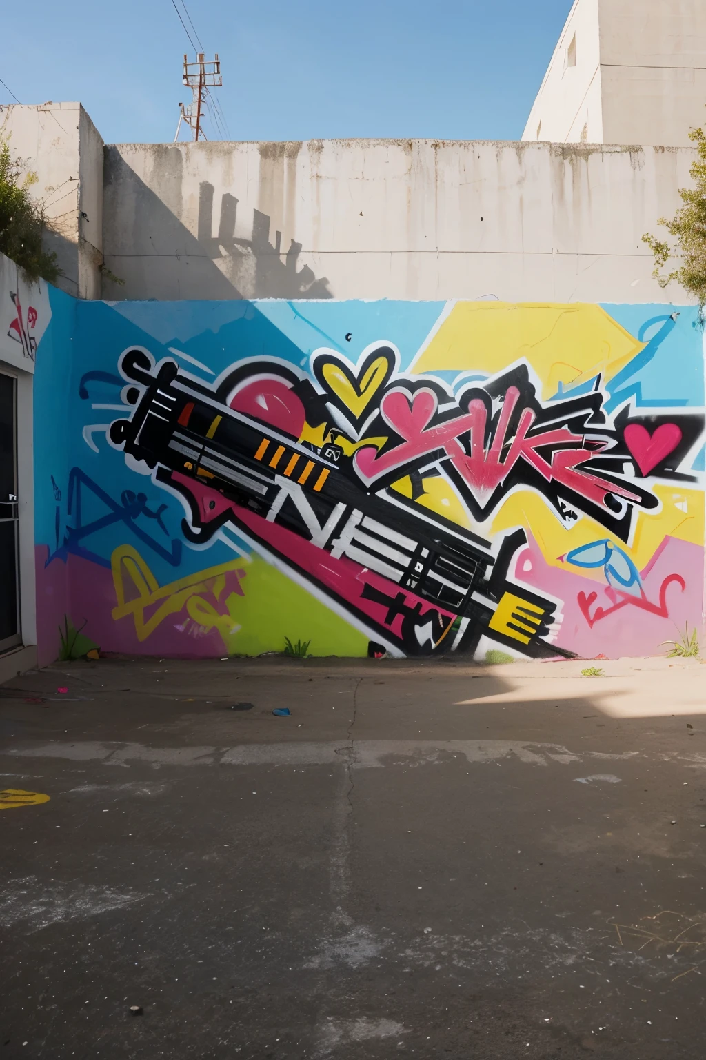 A wall of an elite school painted with graffiti with the phrase "Fucking amor" and a graffiti drawing of a gun shooting a heart inside an iPhone phone