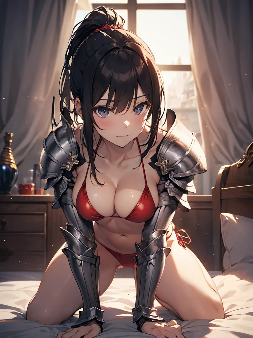 Close-up photo of a woman in armor, Bikini Armor Female Knight,(Red rubber bikini:1.3),On all fours on the bed,Bikini Armor, Girl in Armor, Otherworld fantasy game characters,Slender figure,,belly button,B Hair,ponytail,Flushed Cheeks,Embarrassing,smile,Bikini Armor, Bikini Armor, glossy White Armor, ornate Bikini Armor, thick装甲, thick, Kschaert Krentz Key Art Feminine, Female Knight, shiny silver armor, White Armor, Pale black armor, Highly detailed art gems,Beautiful expression right down to your fingertips,
