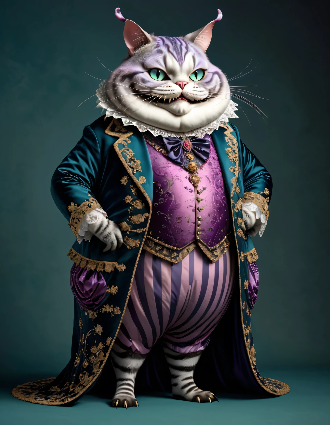 photorealistic portrait of Dressed animals - a ((fat)) (Cheshire cat) necromancer, (full body image:1.5),(intimidating pose:1.5) Wearing luxury gown,(wearing luxury ),(hands on hips:1.5), Old-fashioned luxury clothes, detailed and opulent description of aristocratic sack-back gown in Rococo , , intricate embroidery, and ornate accessories, simple background,(looking at viewer:1.5),score_9, score_8_up, score_7_up, score_6_up, score_5_up, score_4_up,
