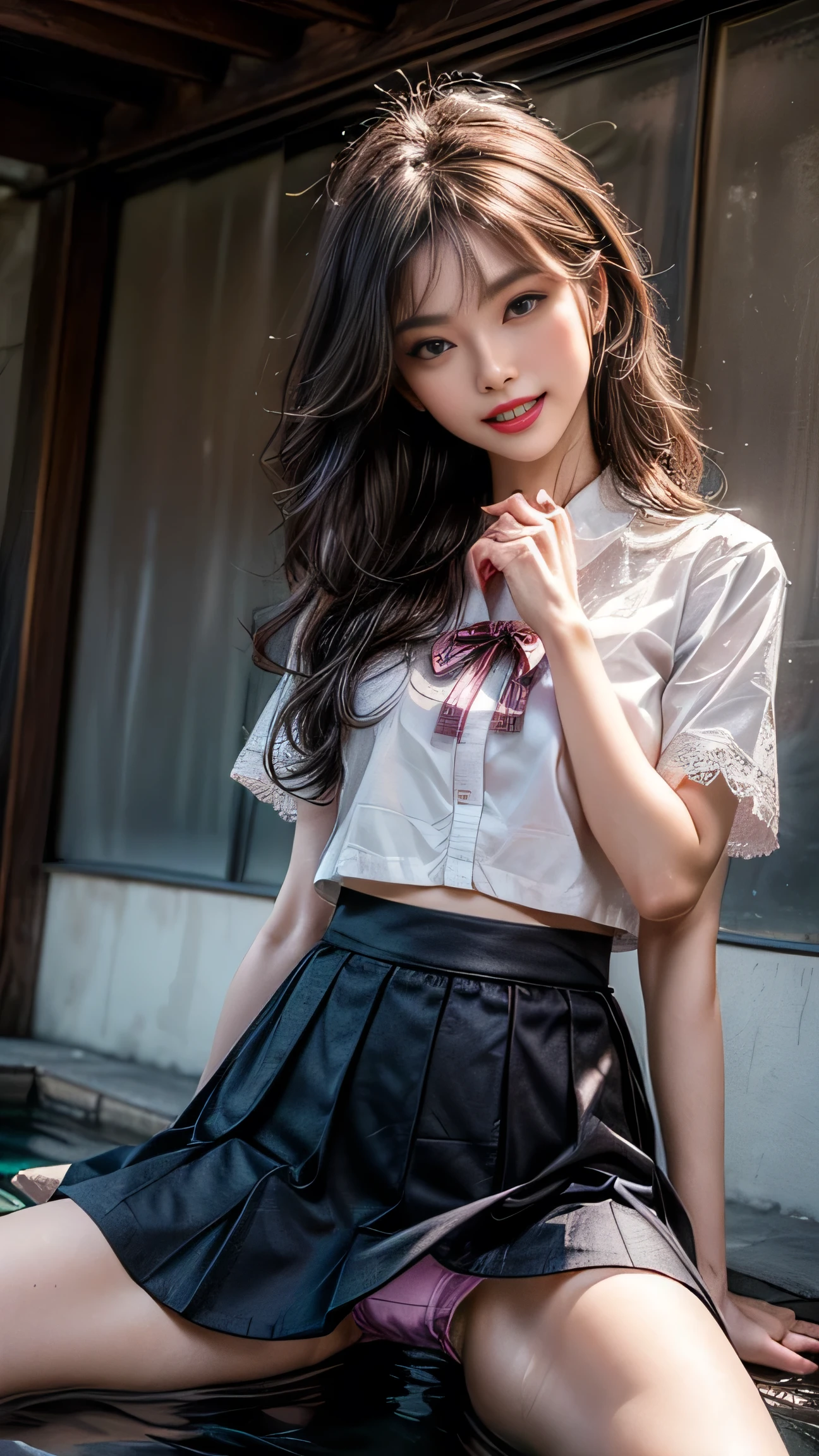 Ultra-detailed、masterpiece、Highest quality、Ultra-high resolution、8k、high resolution、Photo-worthy clarity、Sparkling eyes、Shiny lips with lip gloss、Gradation、Real Live Action、Spring Outdoors、School Cultural Festival、A large number of people、Perfect anatomical figure、hard disk、Nikon Z9 80mm Renaste Piece、Model standing、Tiny Panties、tiny micro panties、Pubic hair is visible through the lace of the panties、(((The panties are small and made of lace in a pale pink and light purple color.)))、(((White short sleeve blouse、Very cute ribbon、Cute checkered uniform skirt)))、Navy blue uniform jacket、(((View all panties)))、Sit in a triangle shape with your thighs slightly inward、Panty Focus、Too bright natural light、The blazing sun、Detailed lace material panty pattern、Small panties with some lace、Panties in a side tie、(((Beautifully aligned and white teeth)))、(((Lifting the skirt higher and higher,、Show your panties to the camera)))、The most popular and beautiful employees in the company、Slender model body type、Super Slim Body G Cup Bust、Slim model body type、Beautiful posture、Squat down and spread your legs、Skirt rolled up、Very sexy panties、Very wet、Playing in the water together、